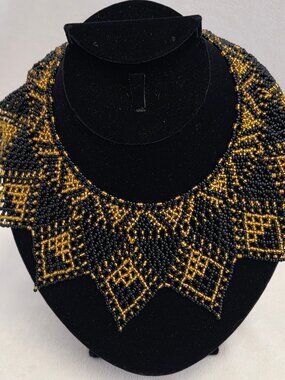 Vintage Black and Gold Beaded Collar Necklace Art Deco